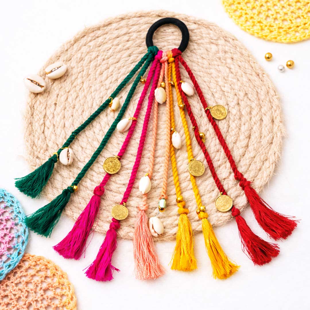 Suwasna Multicolor Boho Tassel Hair Tie with Beads & Charms | Festival, Garba & Casual Hair Accessory Design-6B