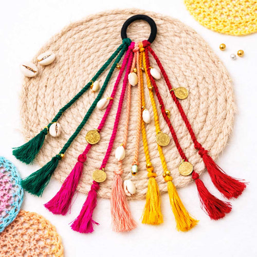 Suwasna Multicolor Boho Tassel Hair Tie with Beads & Charms | Festival, Garba & Casual Hair Accessory Design-6B