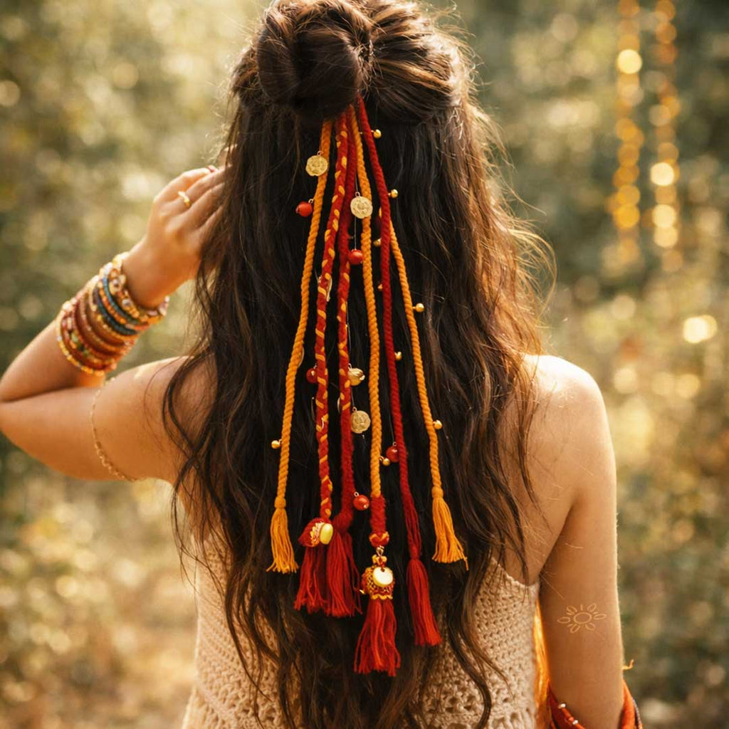Suwasna Red & Yellow Boho Tassel Hair Tie with Beads & Charm Detailing | Stylish Festival, Beach & Casual Hair Accessory Design-3