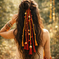 Suwasna Red & Yellow Boho Tassel Hair Tie with Beads & Charm Detailing | Stylish Festival, Beach & Casual Hair Accessory Design-3