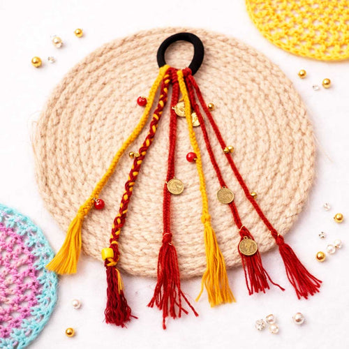 Suwasna Red & Yellow Boho Tassel Hair Tie with Beads & Charm Detailing | Stylish Festival, Beach & Casual Hair Accessory Design-3