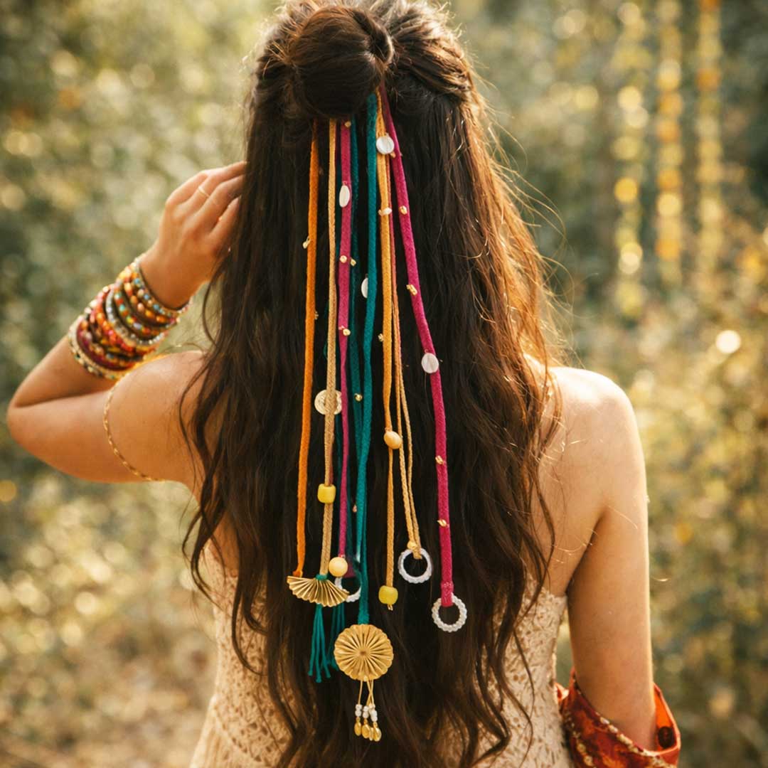 Suwasna Multicolor Boho Hair Tie with Tassels & Charm Detailing | Stylish Beach, Summer & Casual Hair Accessory Design-2A