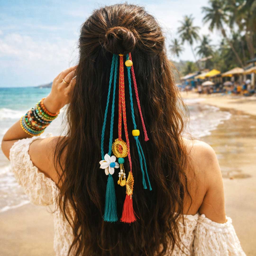 Suwasna Multicolor Boho Hair Tie with Tassels & Charm Detailing | Stylish Beach, Summer & Casual Hair Accessory Design-1A