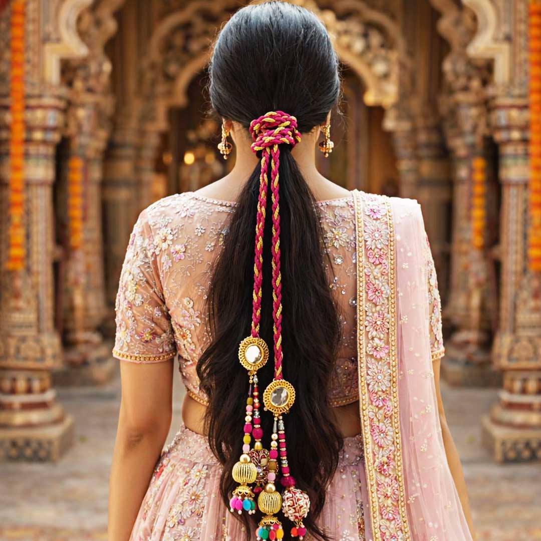 Suwasna Multicolor Mirror Ring Parandi with Katdana Bead Tassels | Traditional Festive & Wedding Hair Accessory A