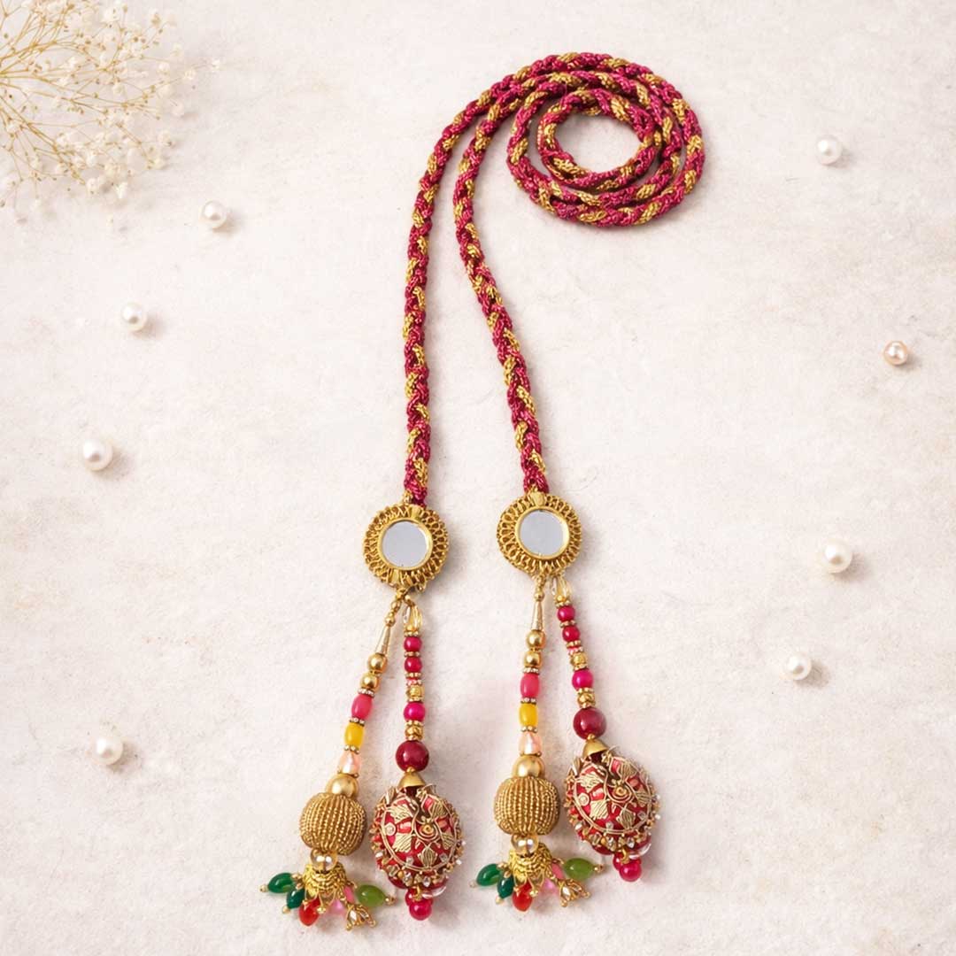 Suwasna Multicolor Mirror Ring Parandi with Katdana Bead Tassels | Traditional Festive & Wedding Hair Accessory B