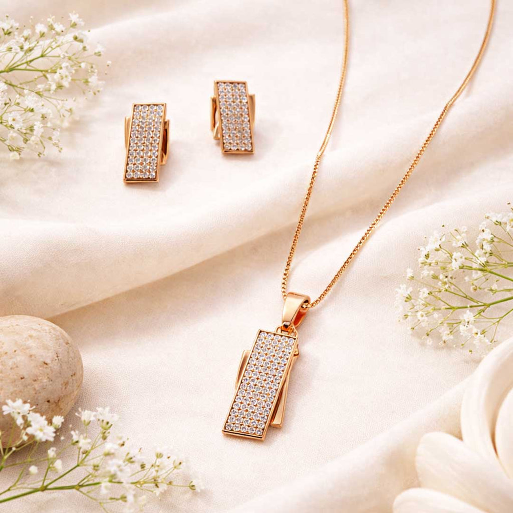 Rose Gold Rectangular CZ Pendant Necklace Set with Stud Earrings | Elegant Minimal Jewelry Set