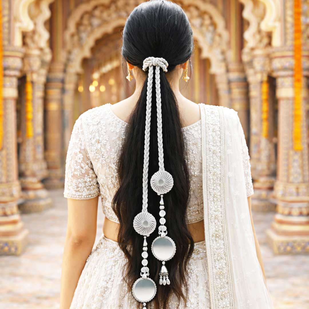 Suwasna Silver Mirror & Jarkan Detailing Tassel Parandi | Elegant Wedding Hair Accessory