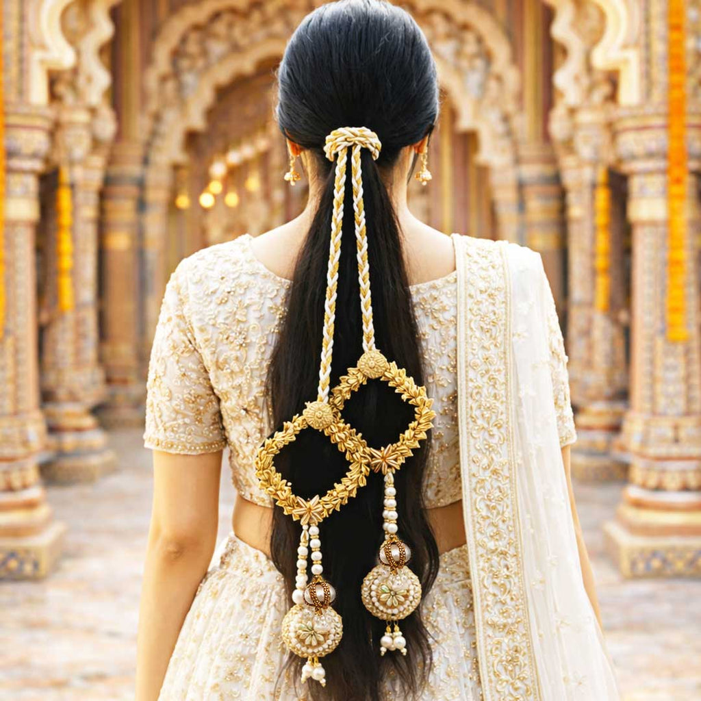 Suwasna Gold & Cream Square Ring Parandi with Jarkan Detailing Tassel | Elegant Wedding Hair Accessory A