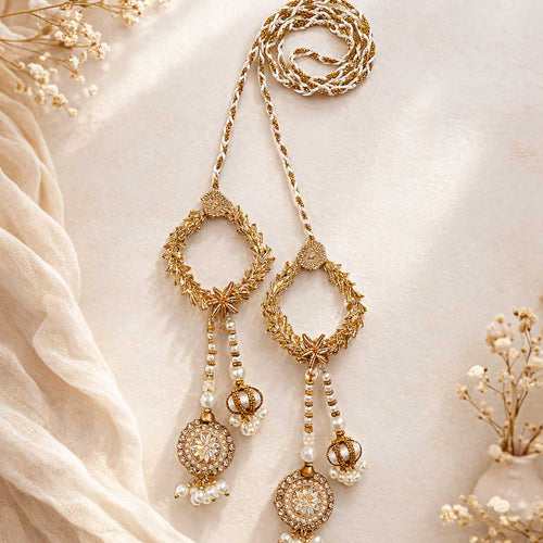 Suwasna Gold & Cream Square Ring Parandi with Jarkan Detailing Tassel | Elegant Wedding Hair Accessory B