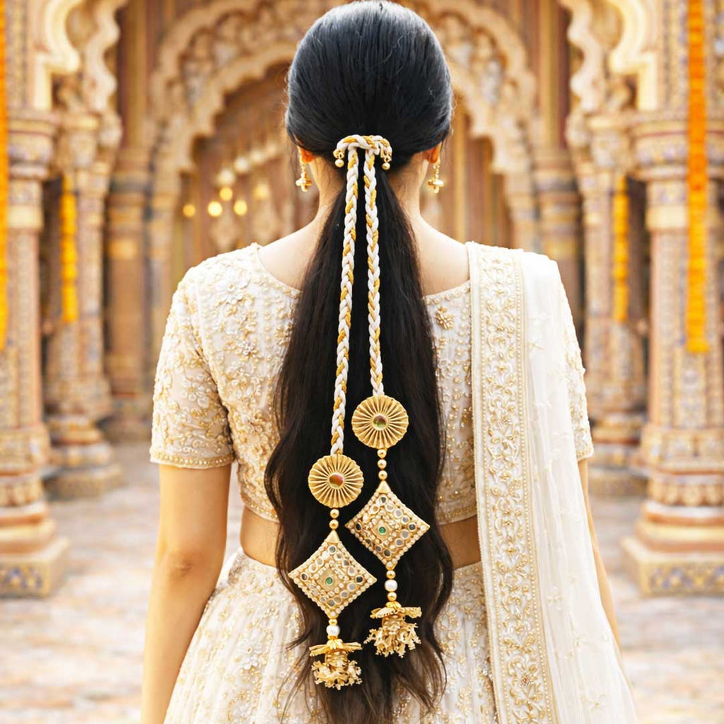 Suwasna Royal Gold Bridal Parandi with Pearl & Kundan Tassels | Traditional Wedding Hair Accessory A