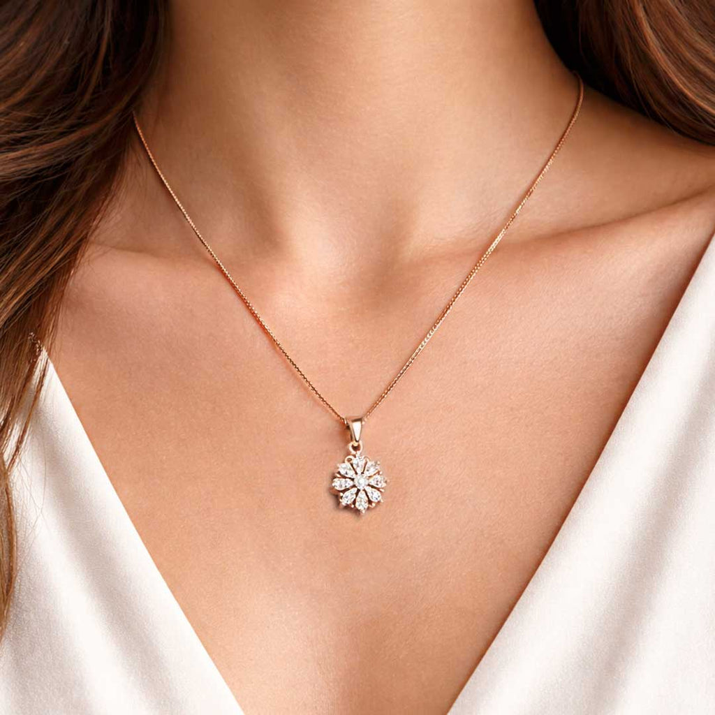 Rose Gold Floral CZ Pendant Necklace Set with Stud Earrings | Elegant Minimal Jewelry