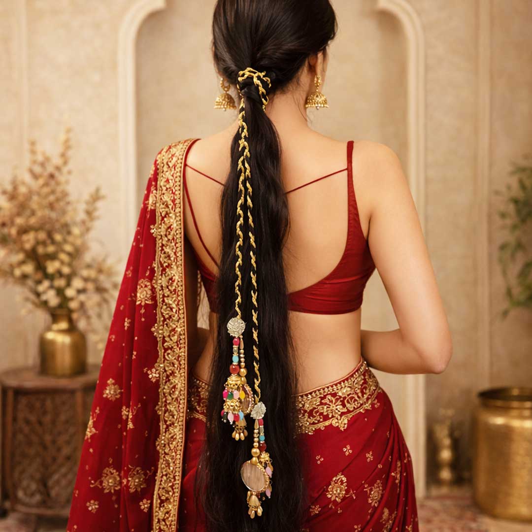 Suwasna Multicolor Beads Jhumka with Mirror Tassel Parandi | Bridal & Festive Hair Accessory