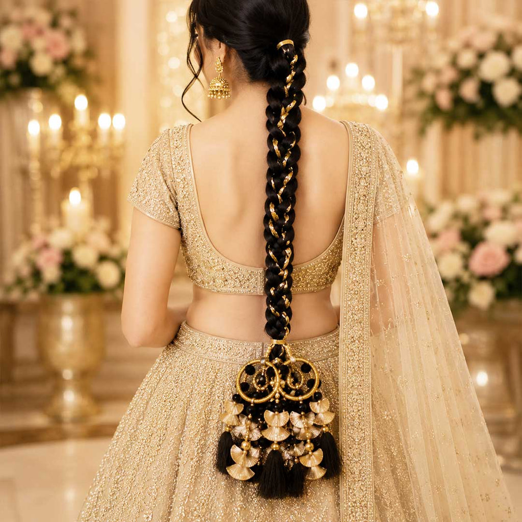 Black Sunehri Latkan Parandi with Golden Ghungroo – Traditional Punjabi Bridal & Festive Hair Parandi for Women_2