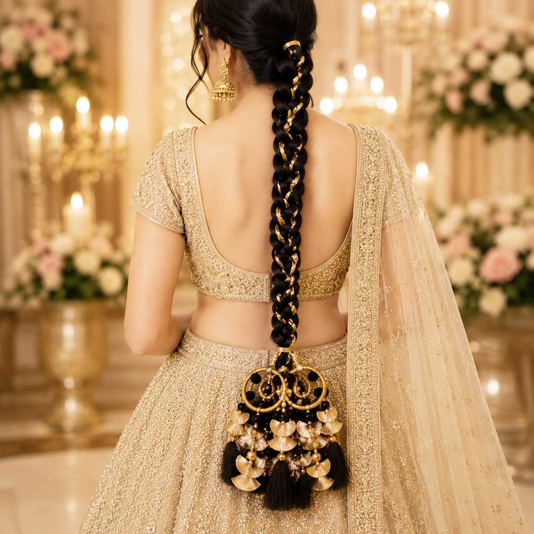 Black Sunehri Latkan Parandi with Golden Ghungroo – Traditional Punjabi Bridal & Festive Hair Parandi for Women_2