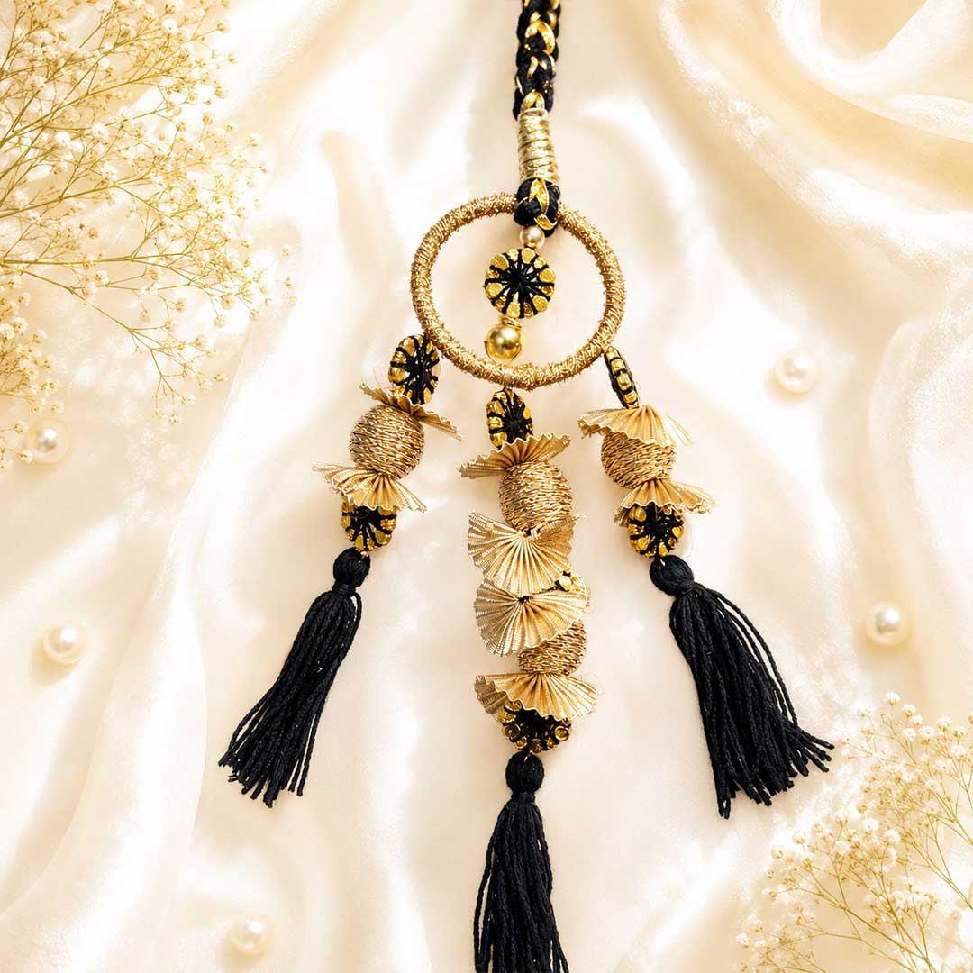 Black Sunehri Latkan Parandi with Golden Ghungroo – Traditional Punjabi Bridal & Festive Hair Parandi for Women_4