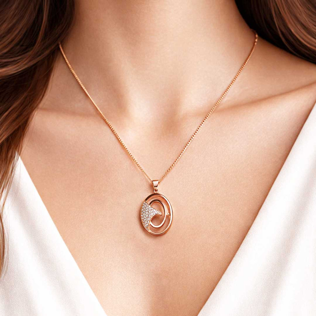 Rose Gold Oval CZ Swirl Pendant Necklace Set with Stud Earrings | Elegant Minimal Jewelry