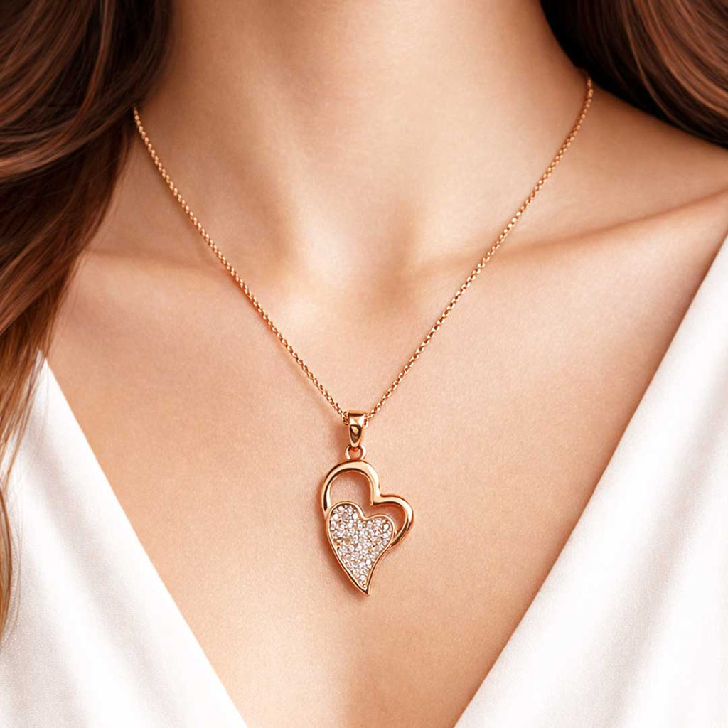Rose Gold Heart-Shaped CZ Pendant Necklace Set with Stud Earrings | Elegant Minimal Jewelry