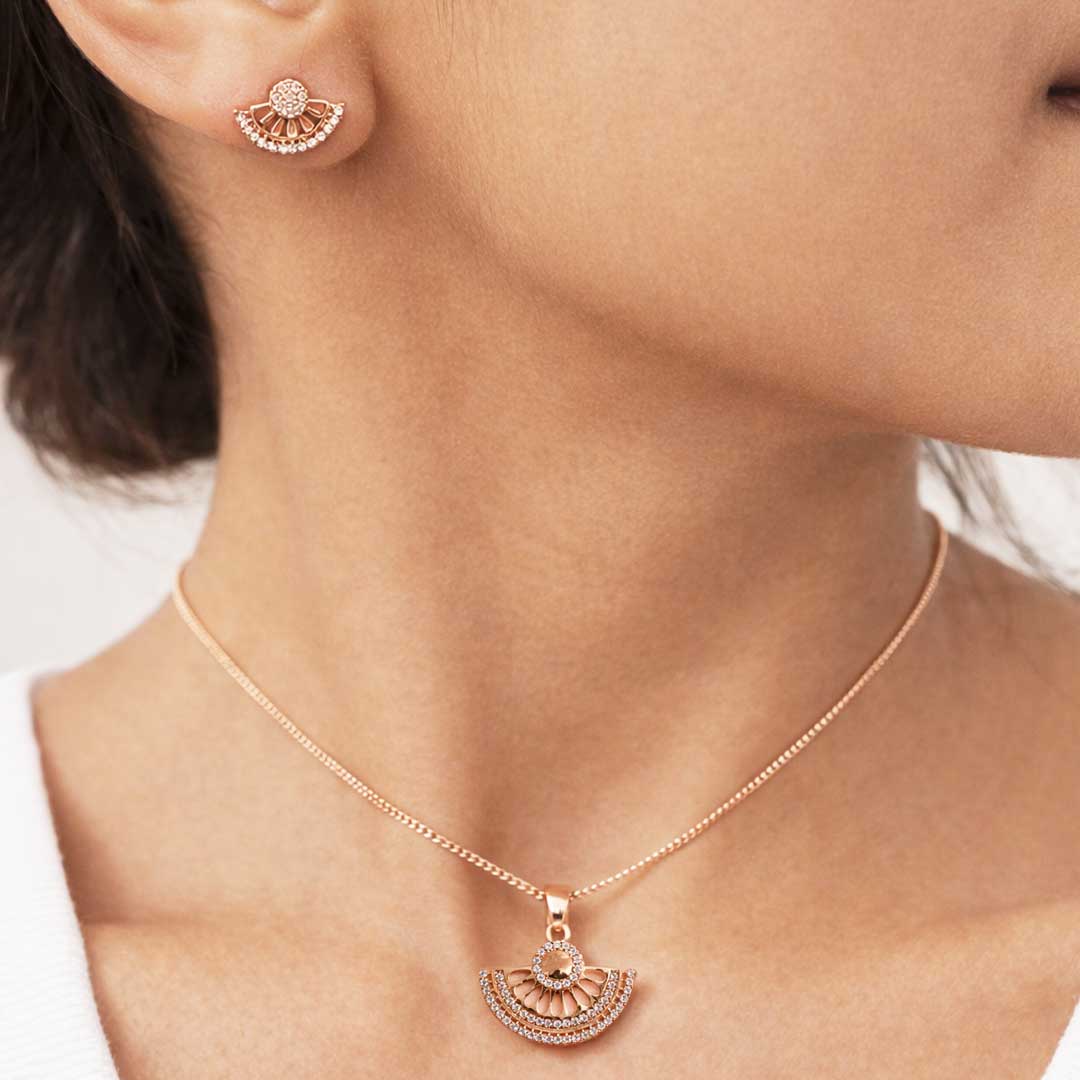 Rose Gold Fan-Shaped CZ Pendant Necklace Set with Stud Earrings | Elegant Minimal Jewelry