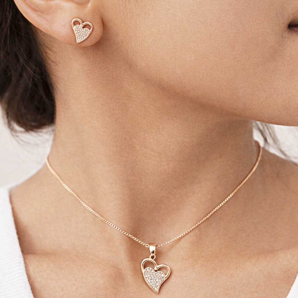 Rose Gold Heart-Shaped CZ Pendant Necklace Set with Stud Earrings | Elegant Minimal Jewelry