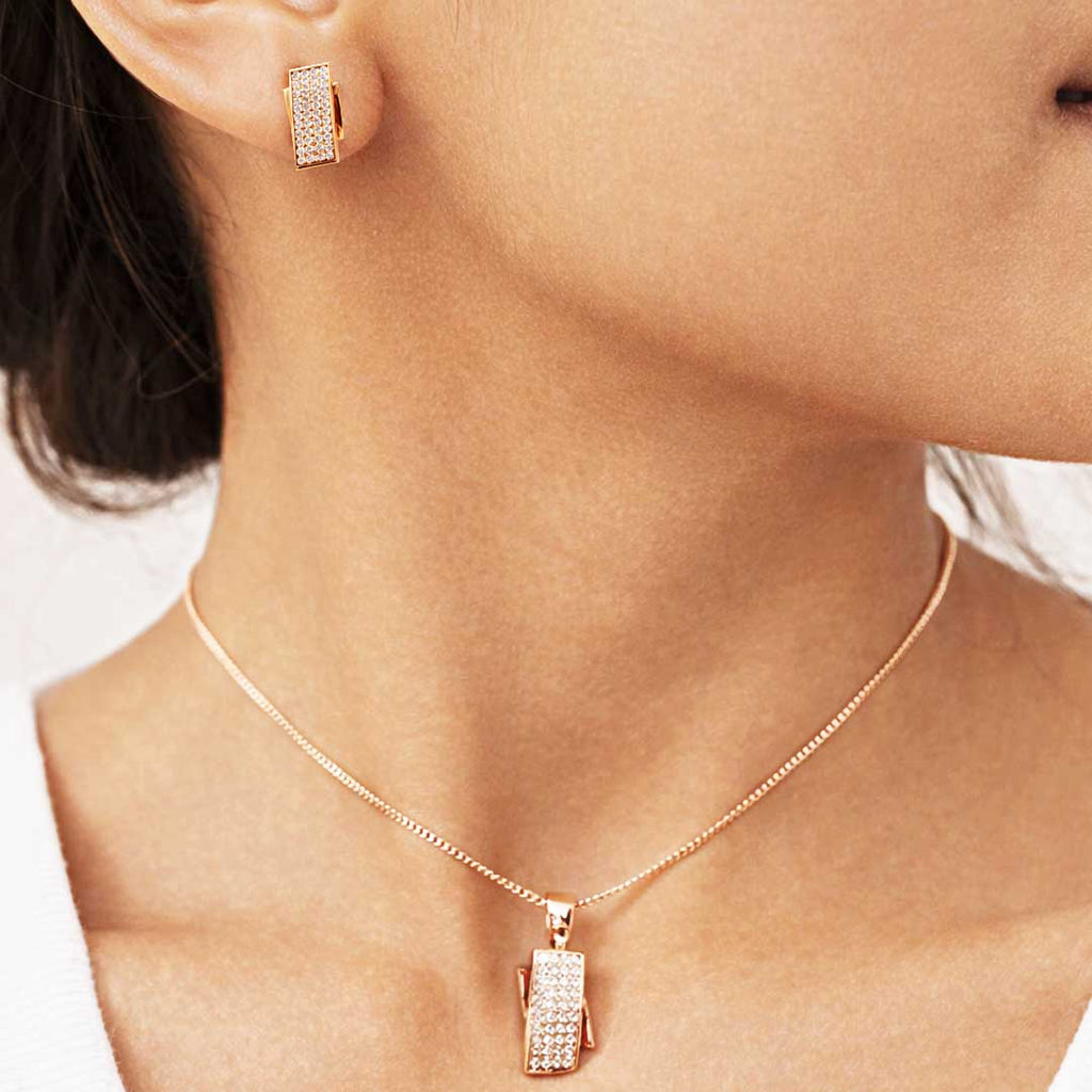 Rose Gold Rectangular CZ Pendant Necklace Set with Stud Earrings | Elegant Minimal Jewelry Set
