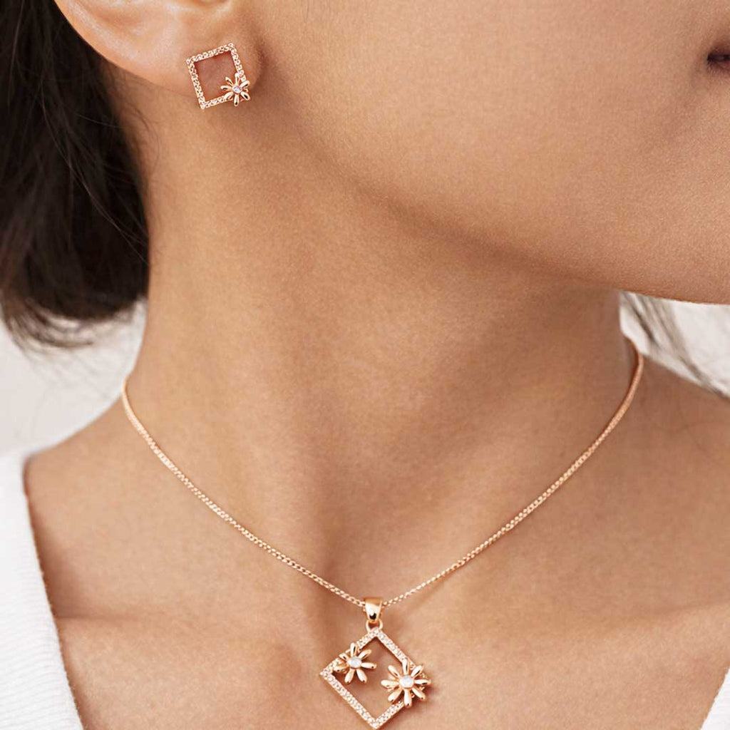 Rose Gold Floral Square CZ Pendant Necklace Set with Stud Earrings | Elegant Minimal Jewelry