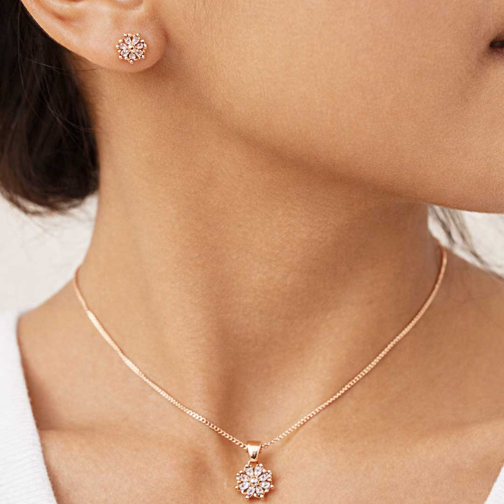 Rose Gold Floral CZ Pendant Necklace Set with Stud Earrings | Elegant Minimal Jewelry