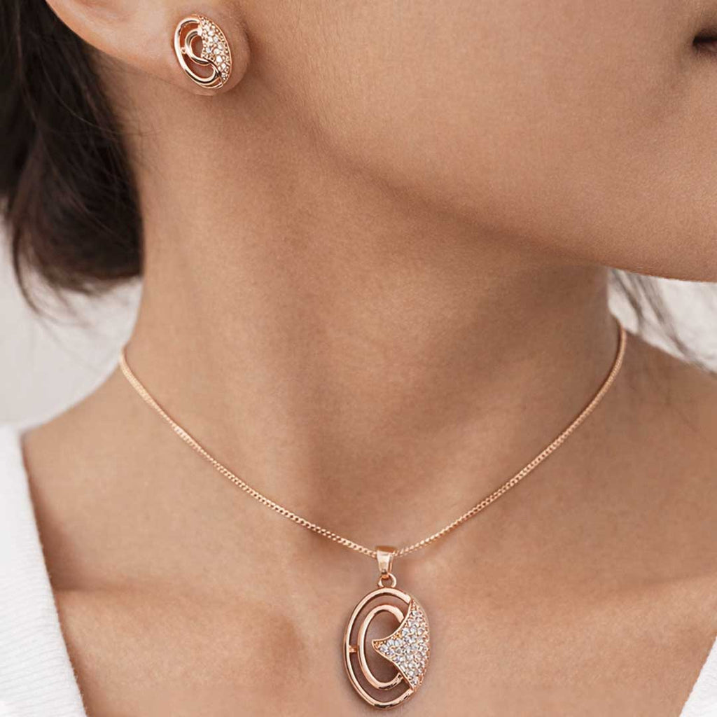 Rose Gold Oval CZ Swirl Pendant Necklace Set with Stud Earrings | Elegant Minimal Jewelry