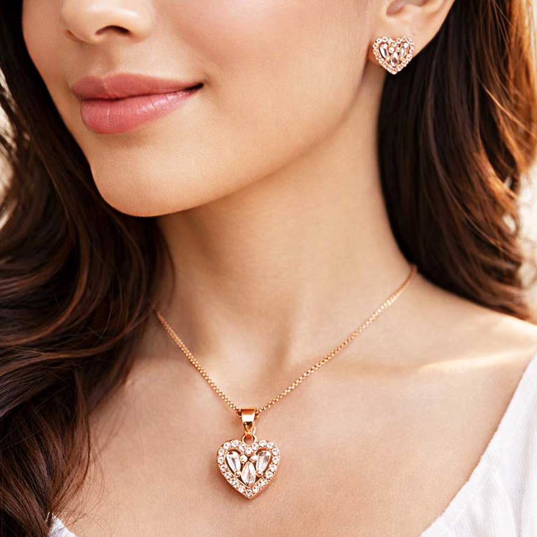 Suwasna Rose Gold Heart CZ Pendant Necklace Set with Matching Stud Earrings | Elegant Minimal Jewelry