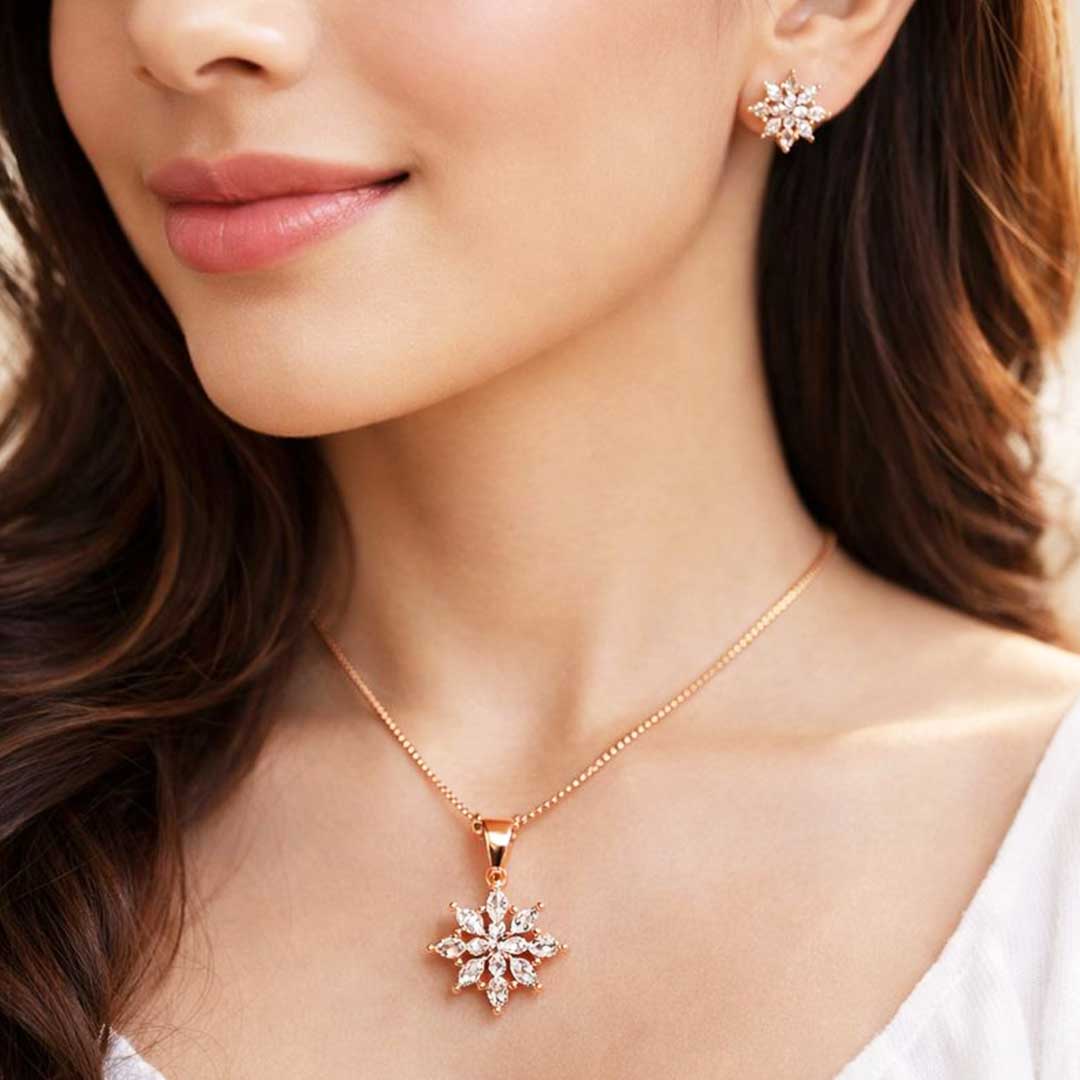 Suwasna Rose Gold Star CZ Pendant Necklace Set with Matching Stud Earrings | Elegant Minimal Jewelry