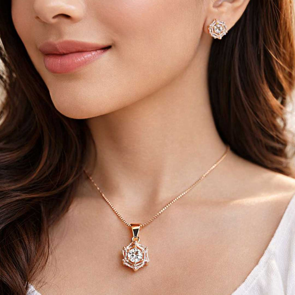 Suwasna Rose Gold Hexagon CZ Pendant Necklace Set with Matching Stud Earrings | Elegant Minimal Jewelry