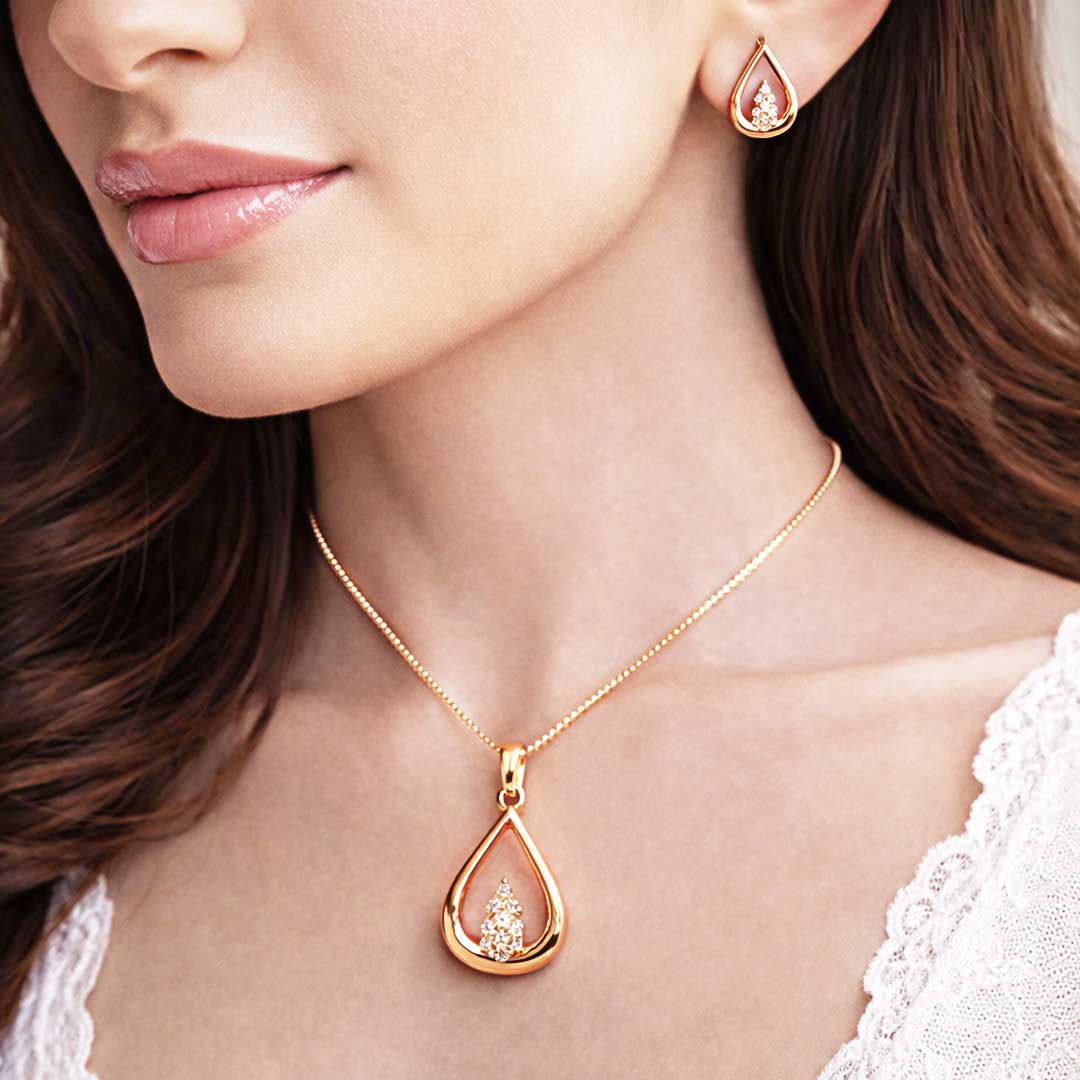 Suwasna Rose Gold Teardrop CZ Pendant Necklace Set with Matching Stud Earrings | Elegant Minimal Jewelry