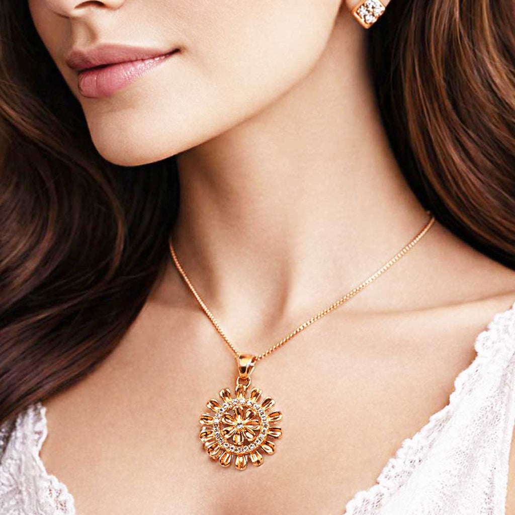 Suwasna Rose Gold Floral Medallion CZ Pendant Necklace Set with Matching Stud Earrings | Elegant Minimal Jewelry