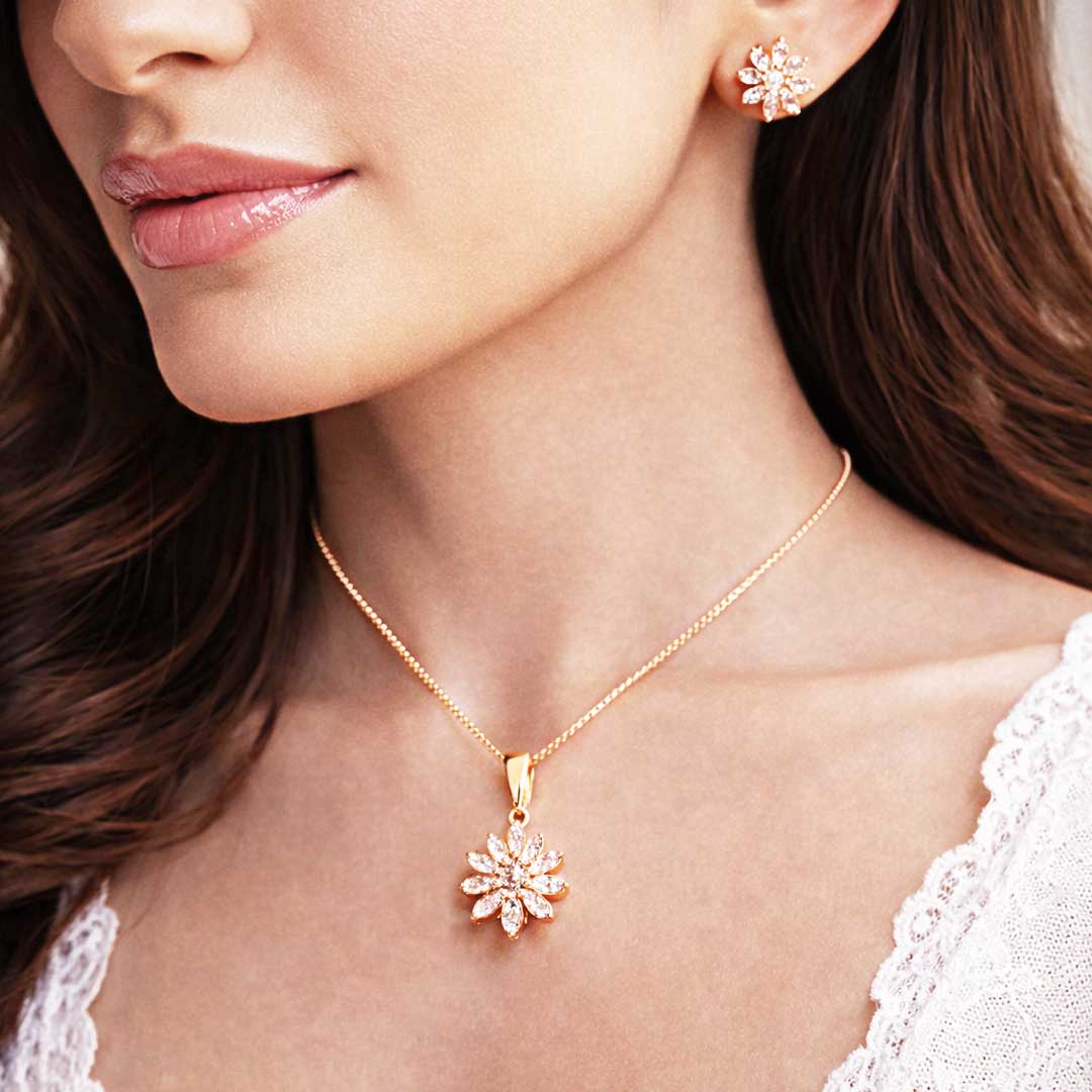 Suwasna Rose Gold Floral Burst CZ Pendant Necklace Set with Matching Stud Earrings | Elegant Minimal Jewelry