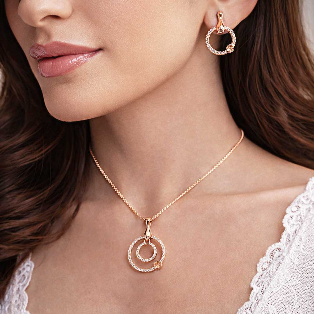 Suwasna Rose Gold Circular CZ Pendant Necklace Set with Matching Stud Earrings | Elegant Minimal Jewelry