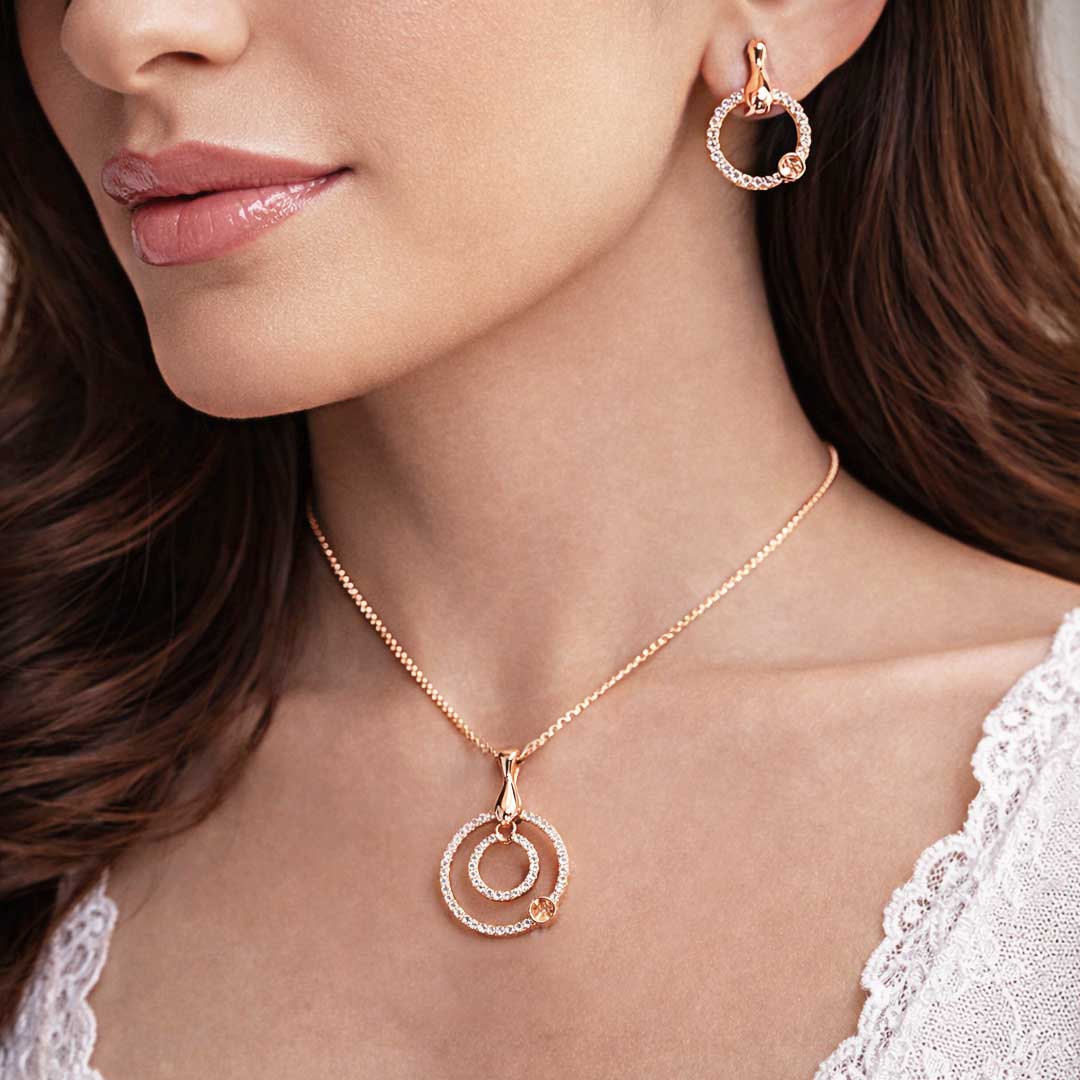 Suwasna Rose Gold Circular CZ Pendant Necklace Set with Matching Stud Earrings | Elegant Minimal Jewelry