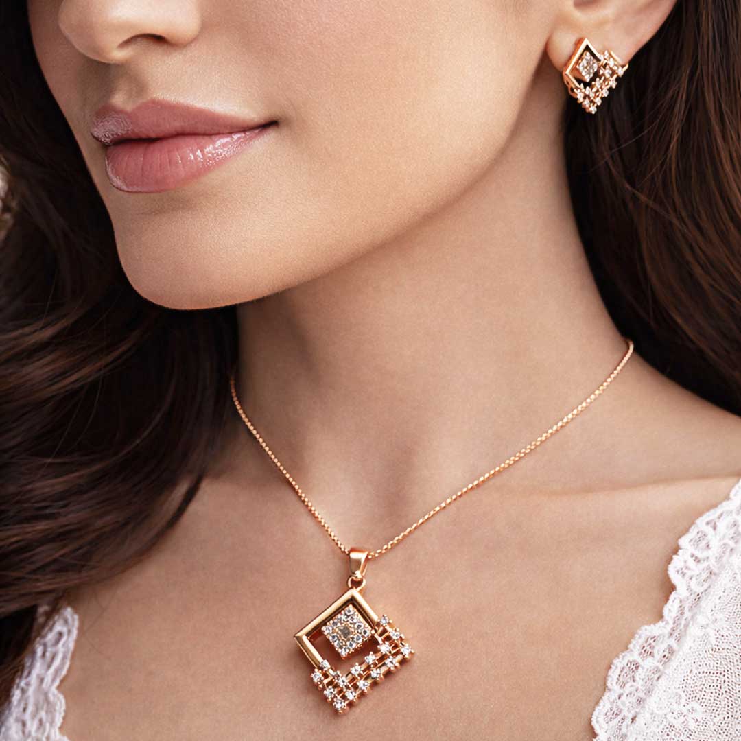 Suwasna Rose Gold Geometric Square CZ Pendant Necklace Set with Matching Stud Earrings | Elegant Minimal Jewelry