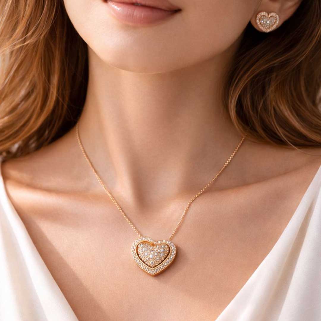 Suwasna Rose Gold Heart CZ Pendant Necklace Set with Matching Stud Earrings | Elegant Minimal Jewelry