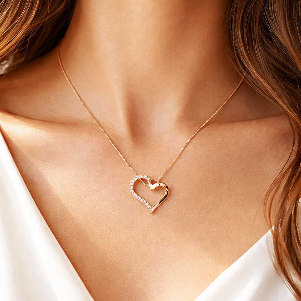 Suwasna Rose Gold Open Heart CZ Pendant Necklace Set with Matching Stud Earrings | Elegant Minimal Jewelry