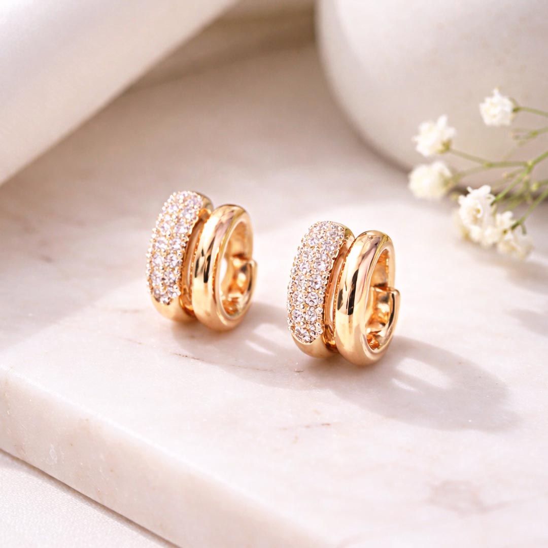 Suwasna Dual Layer AD Stone Huggie Earrings | Elegant Modern Designer Jewellery