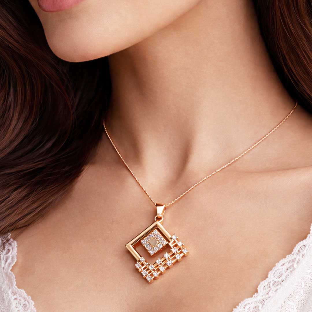Suwasna Rose Gold Geometric Square CZ Pendant Necklace Set with Matching Stud Earrings | Elegant Minimal Jewelry