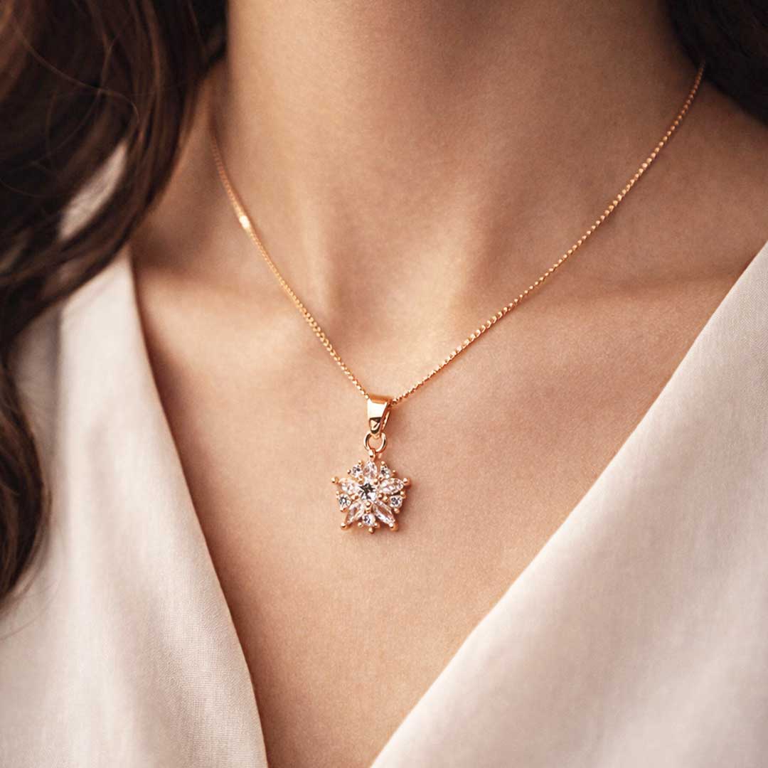 Suwasna Rose Gold Floral Burst CZ Pendant Necklace Set with Matching Stud Earrings | Elegant Minimal Jewelry