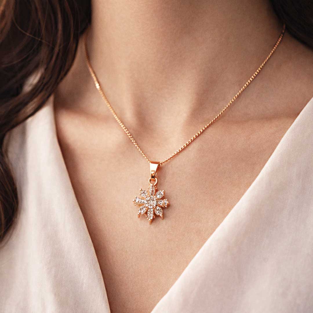 Suwasna Rose Gold Floral Starburst CZ Pendant Necklace Set with Matching Stud Earrings | Elegant Minimal Jewelry