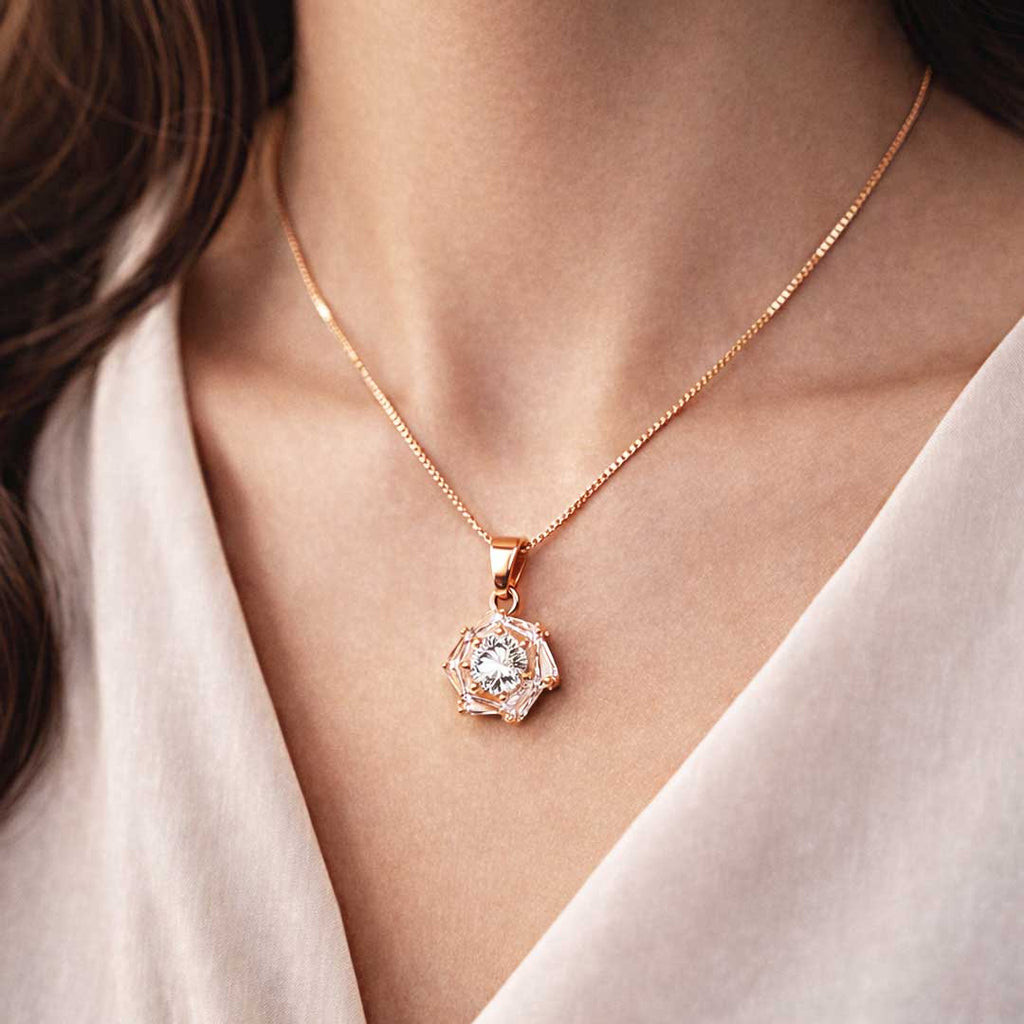 Suwasna Rose Gold Hexagon CZ Pendant Necklace Set with Matching Stud Earrings | Elegant Minimal Jewelry