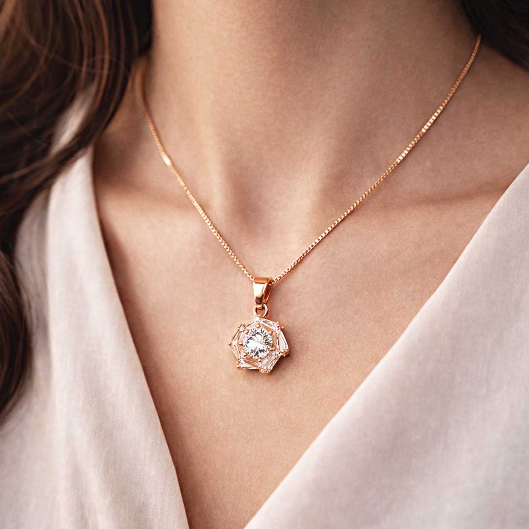 Suwasna Rose Gold Hexagon CZ Pendant Necklace Set with Matching Stud Earrings | Elegant Minimal Jewelry