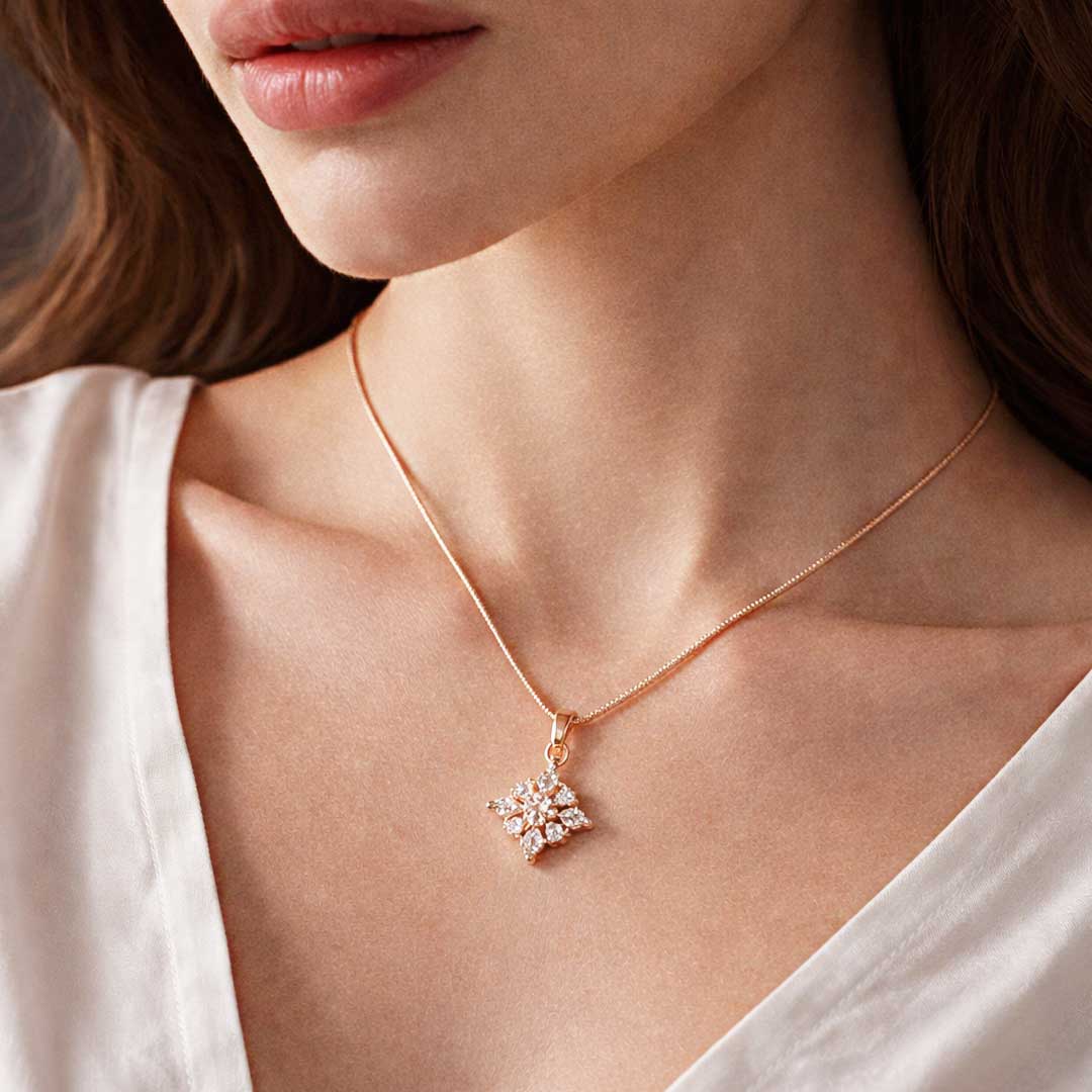 Suwasna Rose Gold Star CZ Pendant Necklace Set with Matching Stud Earrings | Elegant Minimal Jewelry