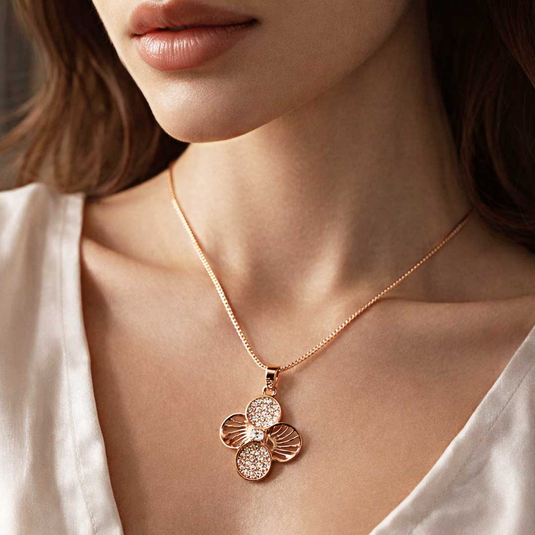 Suwasna Rose Gold Floral CZ Pendant Necklace Set with Matching Stud Earrings | Elegant Minimal Jewelry