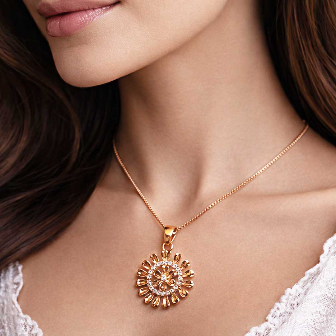 Suwasna Rose Gold Floral Medallion CZ Pendant Necklace Set with Matching Stud Earrings | Elegant Minimal Jewelry