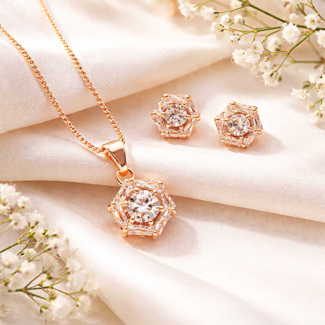Suwasna Rose Gold Hexagon CZ Pendant Necklace Set with Matching Stud Earrings | Elegant Minimal Jewelry