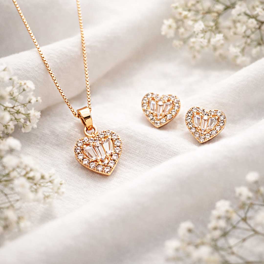Suwasna Rose Gold Heart CZ Pendant Necklace Set with Matching Stud Earrings | Elegant Minimal Jewelry