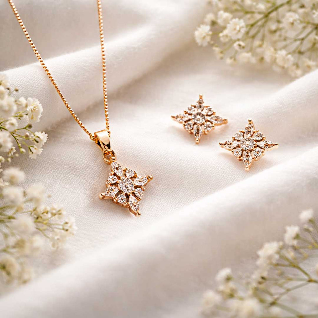 Suwasna Rose Gold Star CZ Pendant Necklace Set with Matching Stud Earrings | Elegant Minimal Jewelry